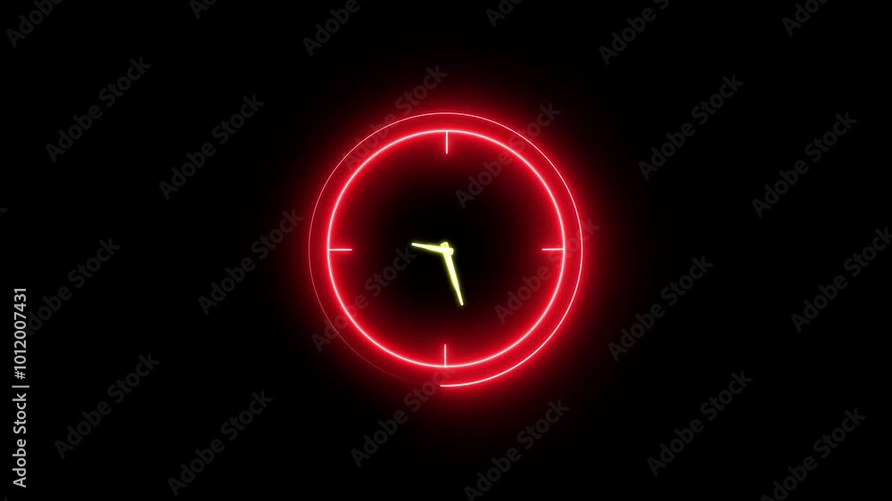 Poster glowing neon clock icon ,bright clock icon on black background and new animation. time animation. 4k
