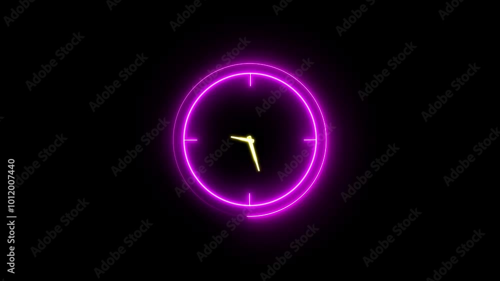 Poster glowing neon clock icon ,bright clock icon on black background and new animation. time animation. 4k