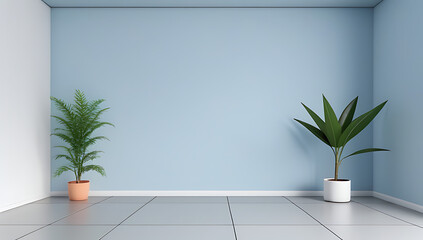room empty blue stucco wall potted plant