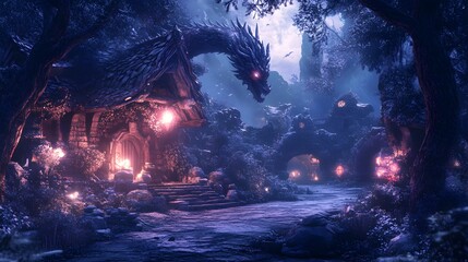 Fototapeta premium A magical scene with dragons and fantastic creatures in a mysterious setting