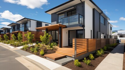 Modern townhouse in urban setting featuring solar panels on roof beneath bright sunlight