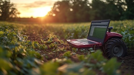A red laptop computer sits on a tractor tire in a field of green crops at sunset. The laptop screen shows data related to agriculture.