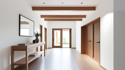 spacious hallway beamed ceiling wooden console table