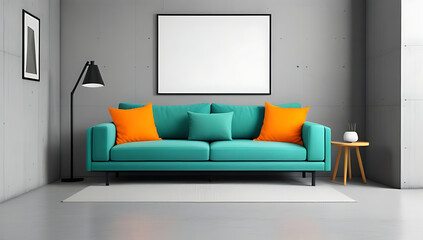 teal sofa yellow pillows orange blanket sits grunge concrete wall poster frame