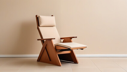 unique handcrafted wooden recliner chair sits near beige stucco wall empty space