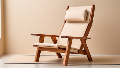 unique handcrafted wooden recliner chair sits near beige stucco wall empty space