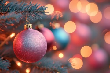 A pink Christmas ornament hangs on a Christmas tree with blue and red ornaments and bokeh lights in the background.