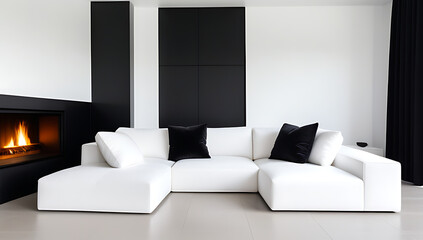 white fabric corner sofa black pillows fireplace