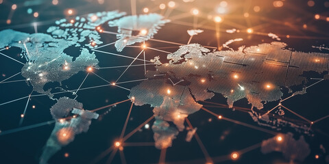 Digital Map Or City With Lines Connecting Various Global Locations And Wifi Symbols, Representing International Business And Connectivity Of Internet And Mobile Networking
