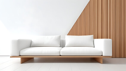 white sofa near white wall wooden slab wall decoration
