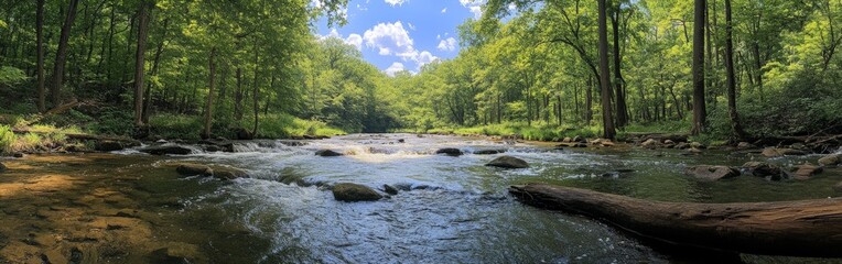 Scenic River Flowing Through Lush Forest, Highlighting Natural Beauty and Outdoor Serenity