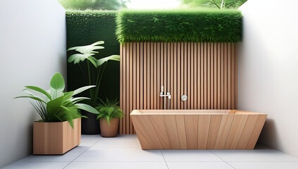wooden bathtub greenery