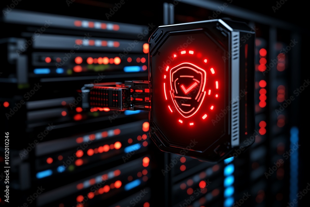 Poster A server room with flashing red warning lights, indicating a data breach, representing the vulnerability of corporate networks to data theft