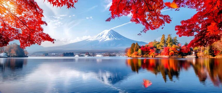 Stunning 4K footage of Japan's iconic Mount Fuji reflected in Kawaguchiko Lake during autumn. The scene captures tranquil water, vibrant maple leaves, and a clear blue sky with iconic landscapes.