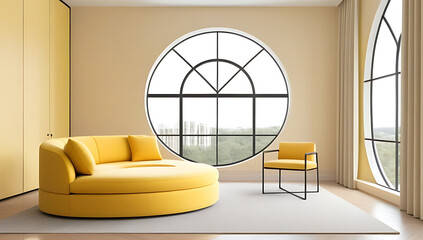 yellow curved sofa round ottoman sit arched window dressed beige curtains