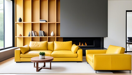 yellow leather sofa fireplace wooden shelves