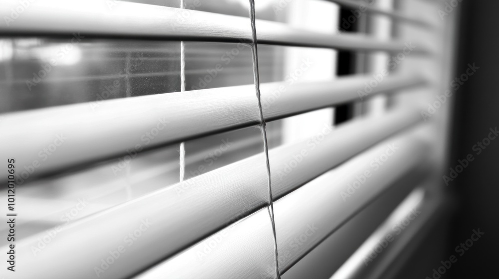 Poster soft daylight streams into a room through tightly shut blinds, casting gentle shadows and creating a