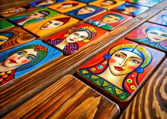 Colorful Playing Card Faces Displayed on a Wooden Table for Games and Casino Themes Photography