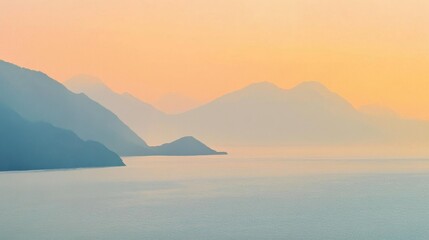 Gentle mist blankets the mountains as soft waves kiss the serene shoreline at dawn