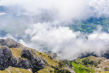 View of Swiss Alps from Mt. Pilatus trail and Lucerne lake (Vierwaldstattersee) in Lucerne, Switzerland