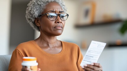 Elderly person looking at a pill bottle and receipt, struggling with the high cost of prescription medications
