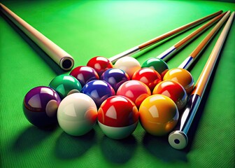 Colorful Pool Table Clip Art with Balls and Cue Sticks for Games and Sports Illustrations