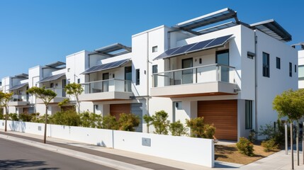 Modern townhouse with solar panels and bright gray roofs in a sunlit urban setting
