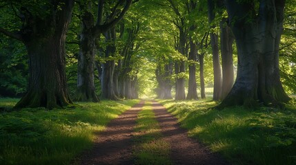 Fototapeta premium A serene forest pathway lined with lush green trees, creating a peaceful and inviting atmosphere filled with sunlight and shadows