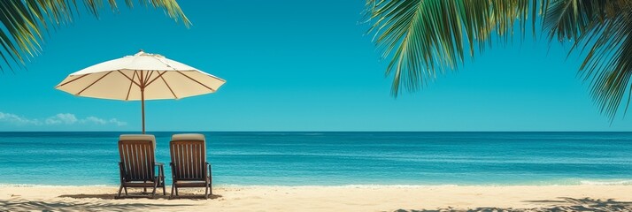 A serene beach scene featuring two lounge chairs under a large umbrella, surrounded by palm trees and calm ocean waters under a bright blue sky