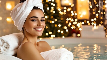 A woman with a towel wrapped around her hair smiles warmly while leaning against plush towels in a cozy spa setting, adorned with festive holiday lights and a serene ambiance