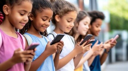 Obraz premium A group of five children stands closely together, each focused on their smartphones, as they stroll down a city street. The warm afternoon light enhances the lively atmosphere