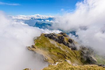 View of Swiss Alps from Mt. Pilatus trail and Lucerne lake (Vierwaldstattersee) in Lucerne, Switzerland