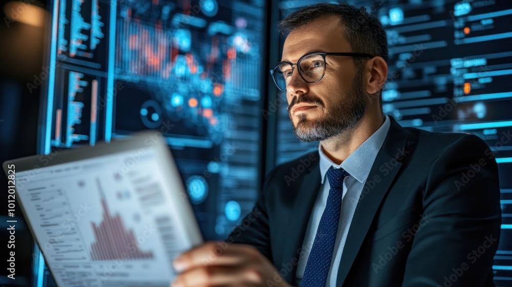 Aufkleber a business professional in formal attire is focused on analyzing data trends using a laptop in a mod