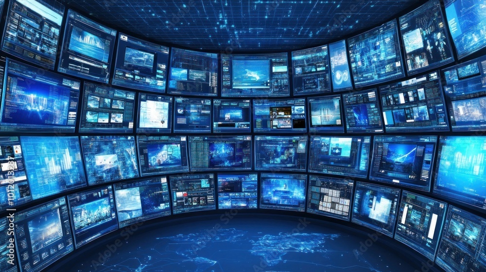 Poster bright blue screens line the walls of a modern control room, showing various data visualizations and