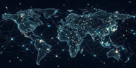 Digital Map Or City With Lines Connecting Various Global Locations And Wifi Symbols, Representing International Business And Connectivity Of Internet And Mobile Networking