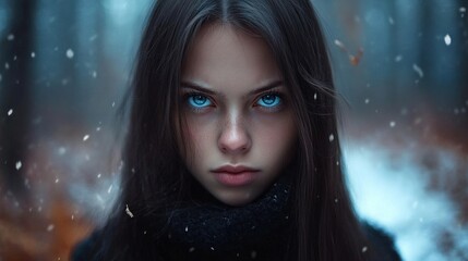 In a winter forest, a young woman with long dark hair and vivid blue eyes gazes intensely at the camera, framed by softly falling snow, creating a captivating atmosphere