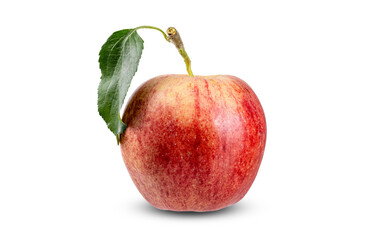 Ripe red Gala apple with green leaf on white background