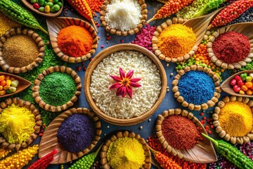 Colorful rice grains symbolizing celebration and abundance in a vibrant and festive arrangement