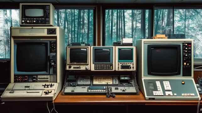Rows of vintage computing equipment occupy a wooden table in a room with large windows overlooking a forest, highlighting the nostalgia of older technology