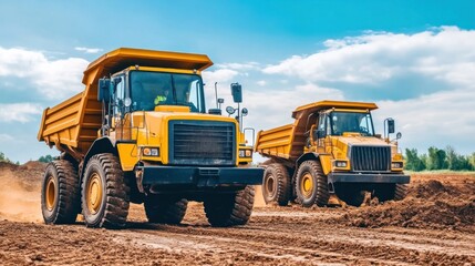 Obraz premium Two large yellow dump trucks work together on a construction site, moving dirt and rubble while the sun shines brightly overhead against a clear blue sky