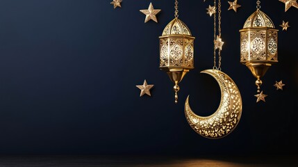 Three intricately designed golden lanterns and a crescent moon ornament are suspended against a deep blue backdrop, complemented by shining stars, evoking a tranquil nighttime atmosphere