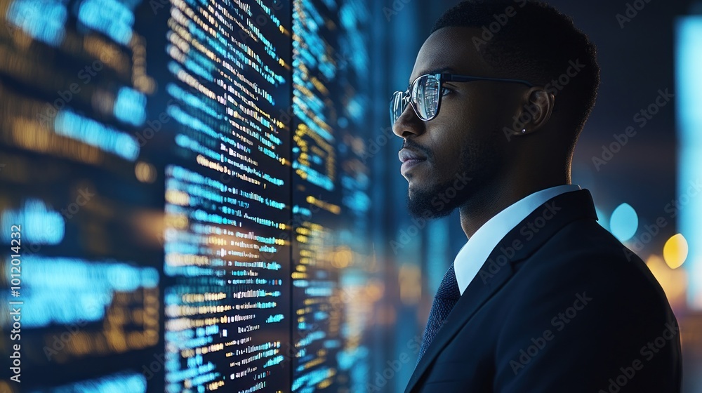 Poster a well-dressed man focuses intently on a large screen filled with flowing digital data in a contempo