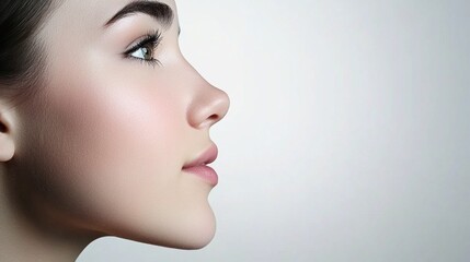 Naklejka premium A young woman poses in profile, highlighting her delicate features and flawless skin. Her expression is serene and thoughtful, illuminated by soft lighting in a neutral backdrop