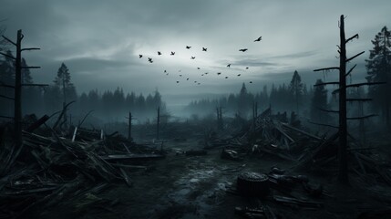 Eerie nightscape foggy forest with dead trees, moonlit sky, and birds among dark hues