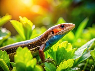 Naklejka premium Colorful Skink Resting Among Vibrant Green Leaves in a Serene Garden Environment Under Bright Sunlight