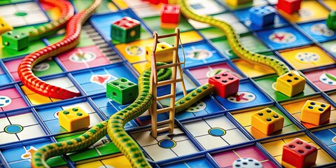 Fototapeta premium Colorful Snake and Ladder Game Board with Dice, Ladders, Snakes, and Vibrant Numbered Squares