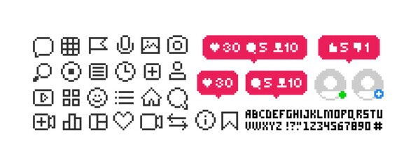 Pixel app icons set of social networks. Interface navigation and app icons in 8-bit retro video game style. Pixel social media icons set of likes, dislikes and followers, commet. Perfect pixel vector