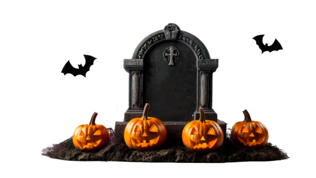 tombstone  with halloween orange pumpkins isolated on transparent background, png file