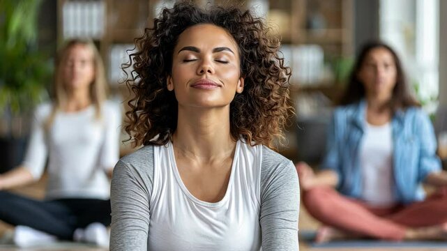 Three women engage in a calm yoga practice, focusing on mindfulness and relaxation in a peaceful studio environment