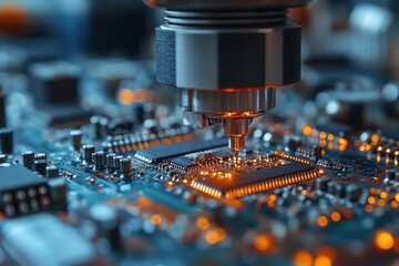 Close-up of a robotic arm soldering a microchip onto a circuit board.